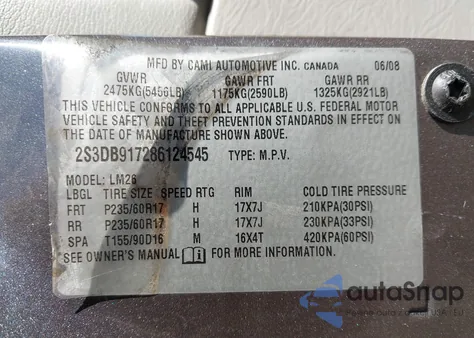 2008 Suzuki Xl7 Limited из США, поврежденный, VIN 2S3DB917286124545